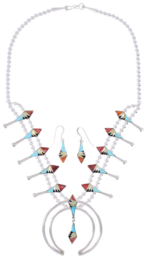 Sterling Silver Multicolor Inlay Squash Blossom Necklace Set AX94412